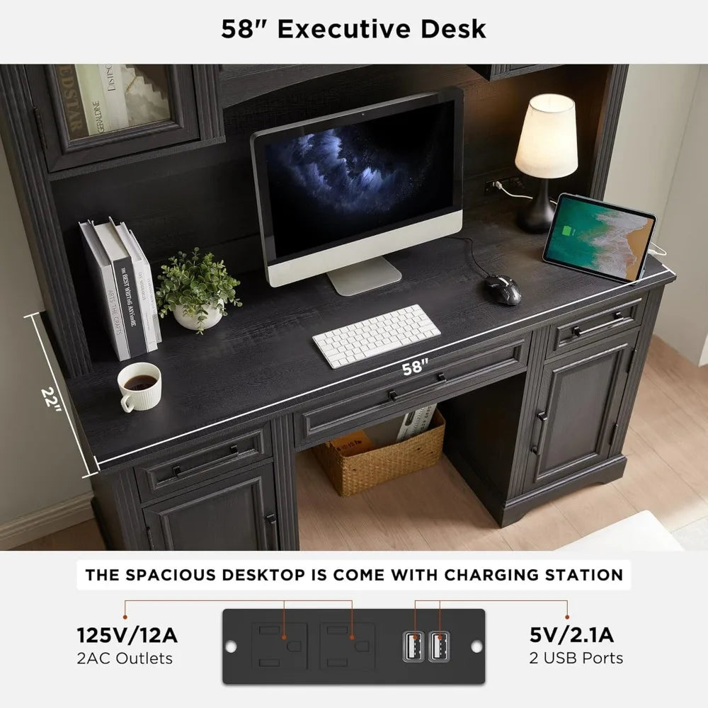 Farmhouse 76 Inch Computer Desk with Hutch Storage Charging Station