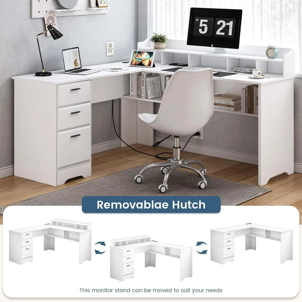 L Shaped Desk with 3 Drawers 60 Inch Corner Desk with Power Outlet