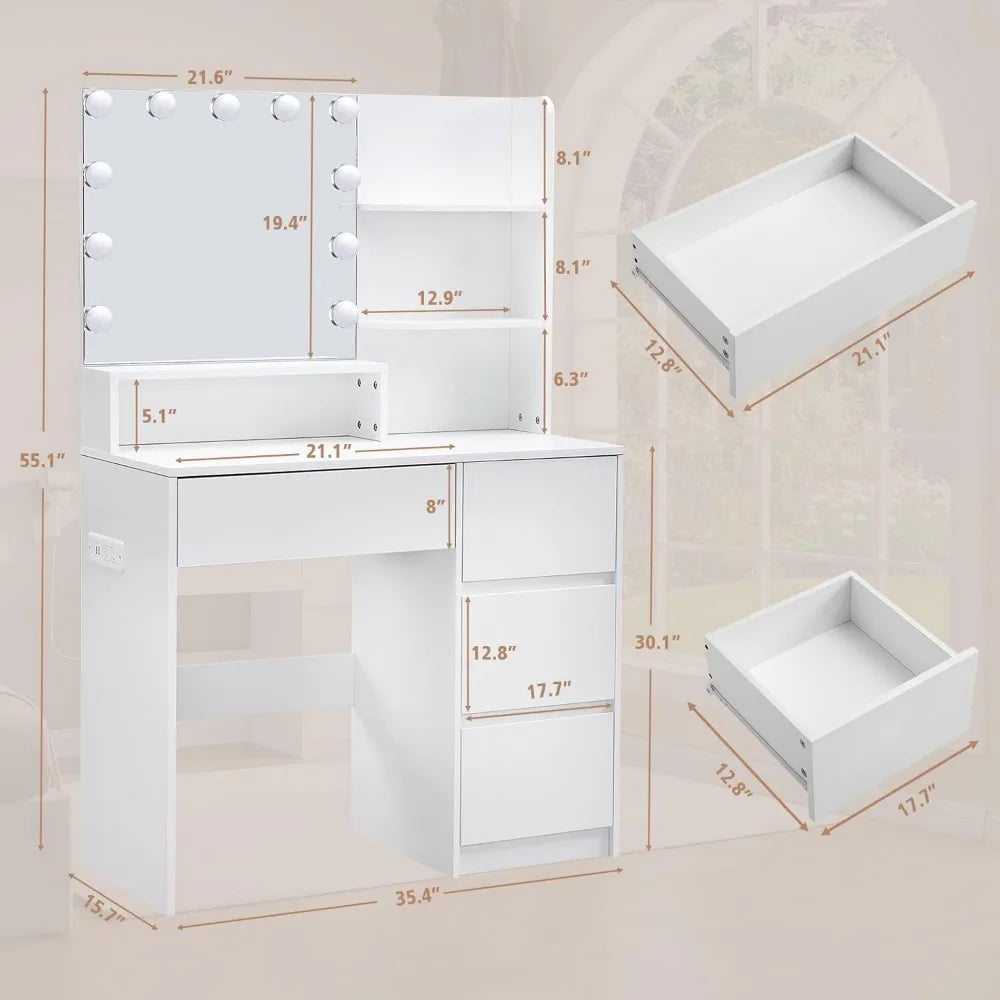 Makeup Vanity Desk with LED Light Power Outlet Storage Chair Set