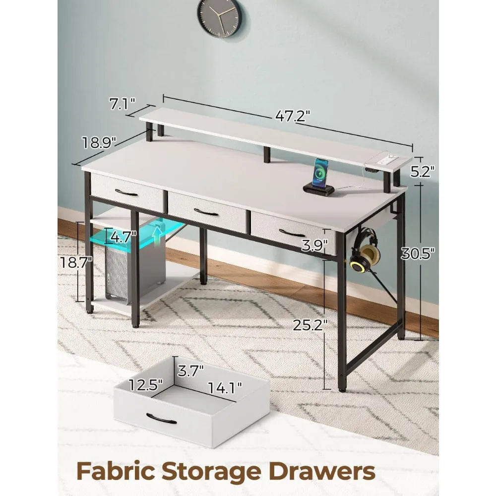 Computer Desk with Power Outlets LED Light Storage Shelves 47 Inch
