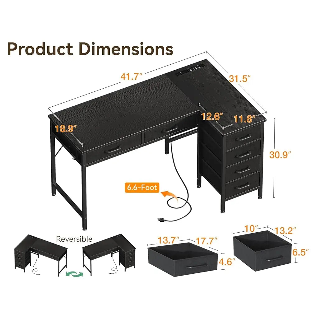 L Shaped Desk With Drawers Power Outlets Reversible Home Office Desk