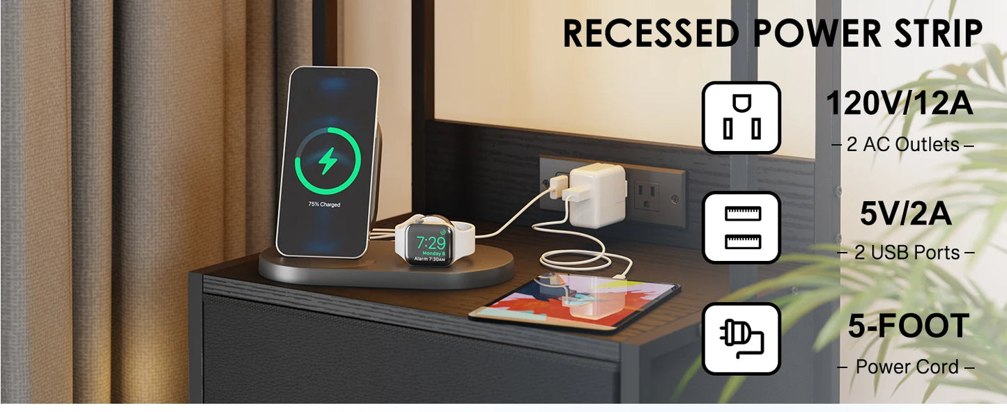 41 Inch Tall Nightstand with USB Charging Station and LED Lights
