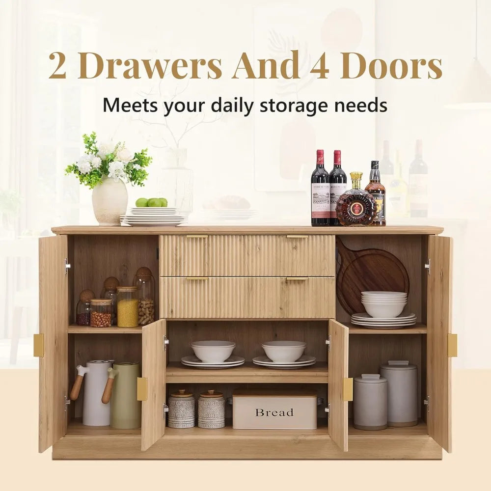 58 Inch Fluted Sideboard Cabinet Buffet Storage Rustic Wood Design