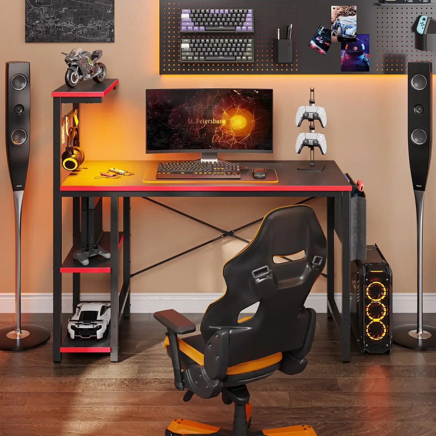Computer Gaming Desk 44 Inch with LED Lights Reversible Shelves Carbon Fiber