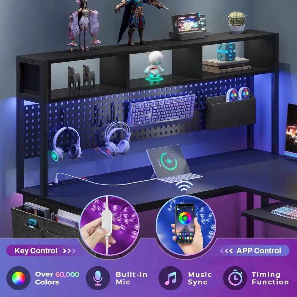 L Shaped Gaming Desk with USB Outlet LED Lights and Keyboard Tray