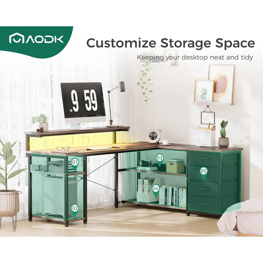 61 Inch L Shaped Desk with Drawer Power Outlets LED Lights Home Office