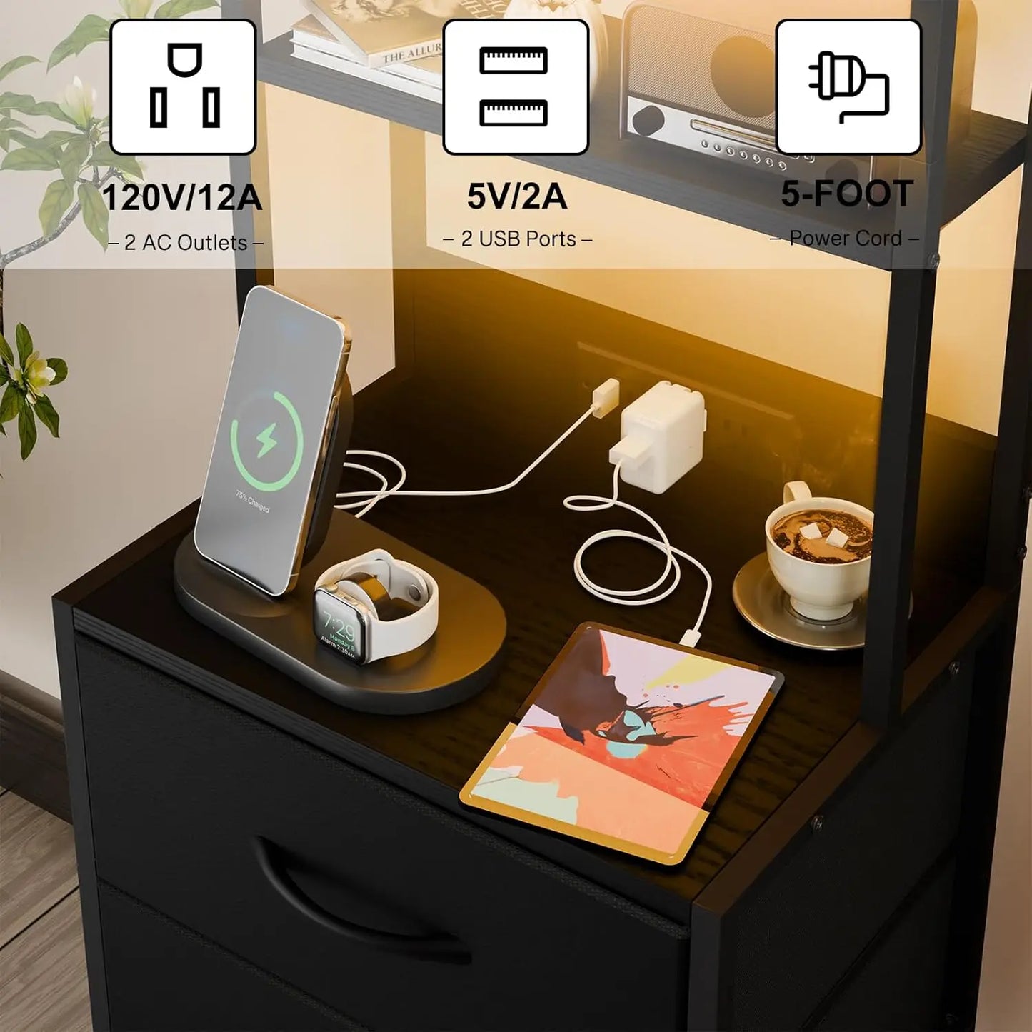 41 Inch Tall Nightstand with USB Charging Station and LED Lights