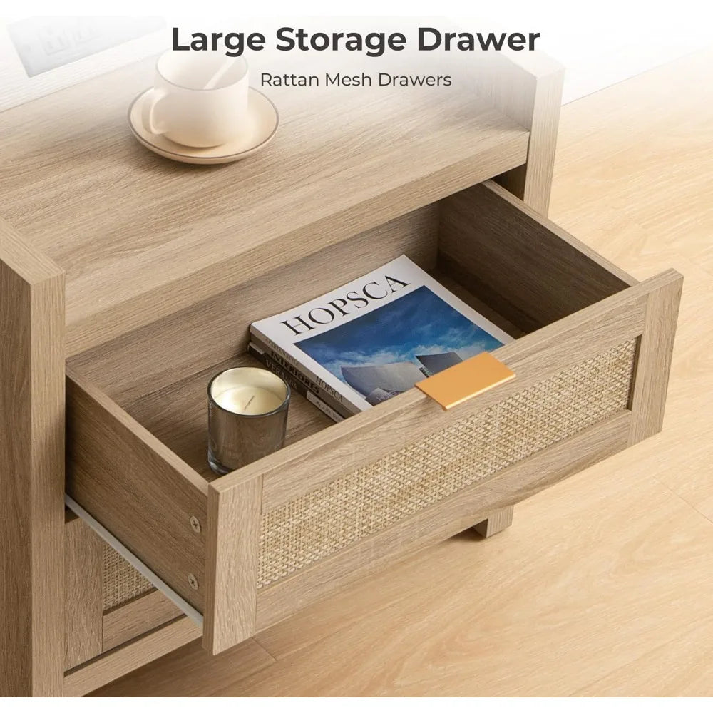 Rattan Nightstand with Type-C Charging Station 2 Drawers Storage