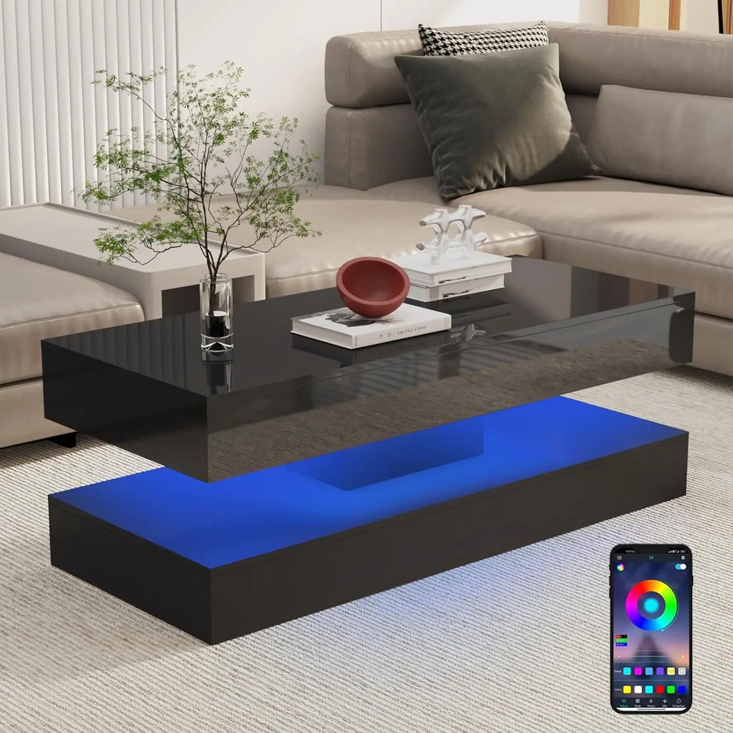 Modern Coffee Table with LED Lights Double-Layer Design Storage Drawers