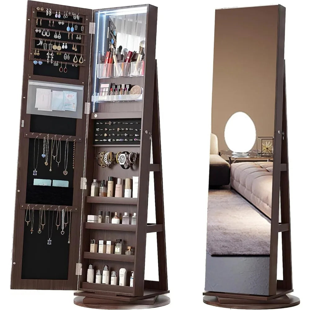 Full Length Mirror Jewelry Armoire with LED Lights and Storage