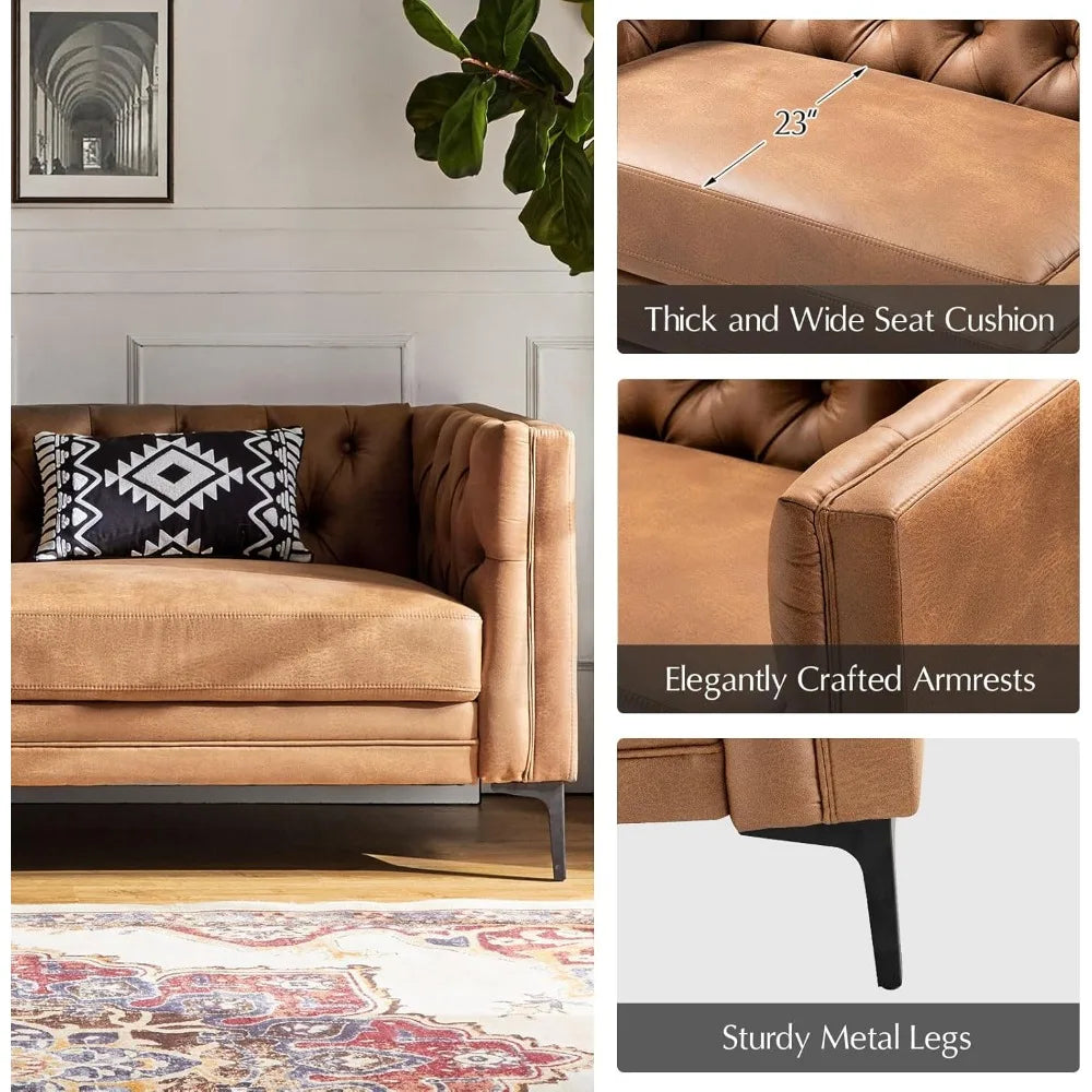 84 Inch Faux Leather Sofa Couch Mid Century Modern 3-Seater Living Room