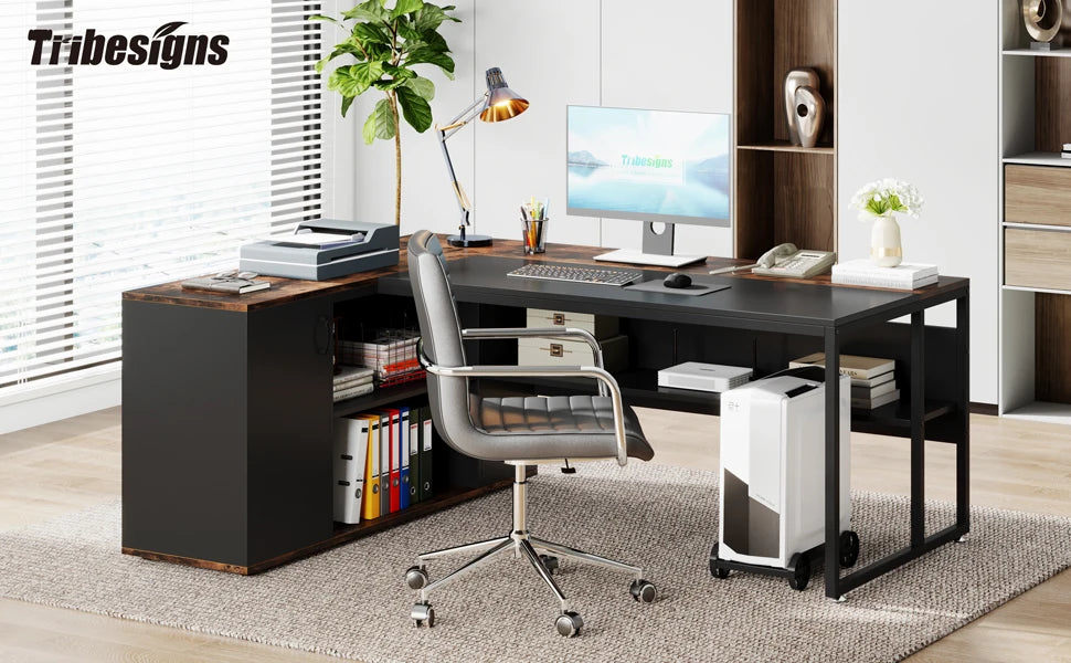 L Shaped Executive Desk with Storage Cabinet 71 Inch Office Furniture