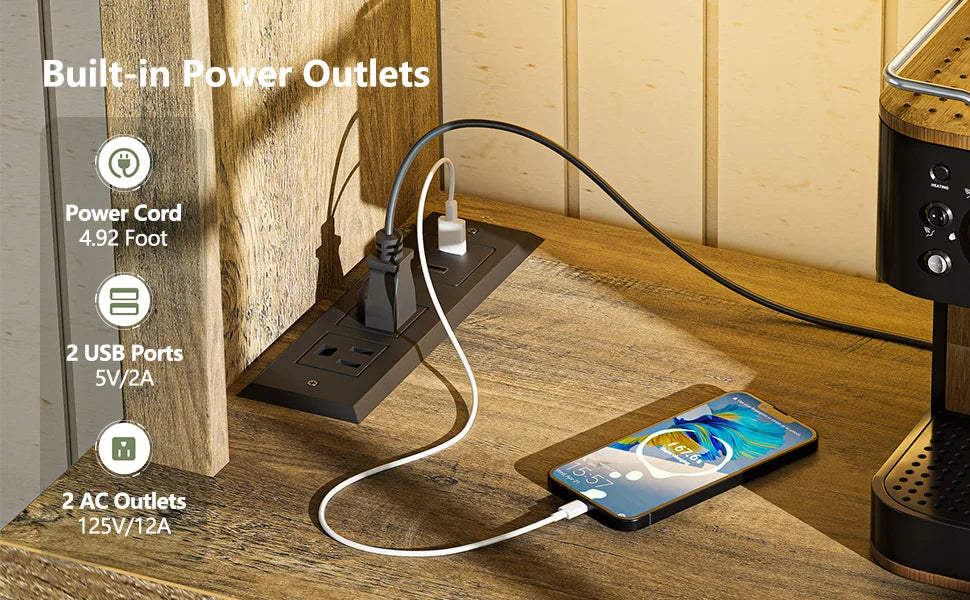 Kitchen Buffet Cabinet with Power Outlet LED Light 70 inch Storage Shelves