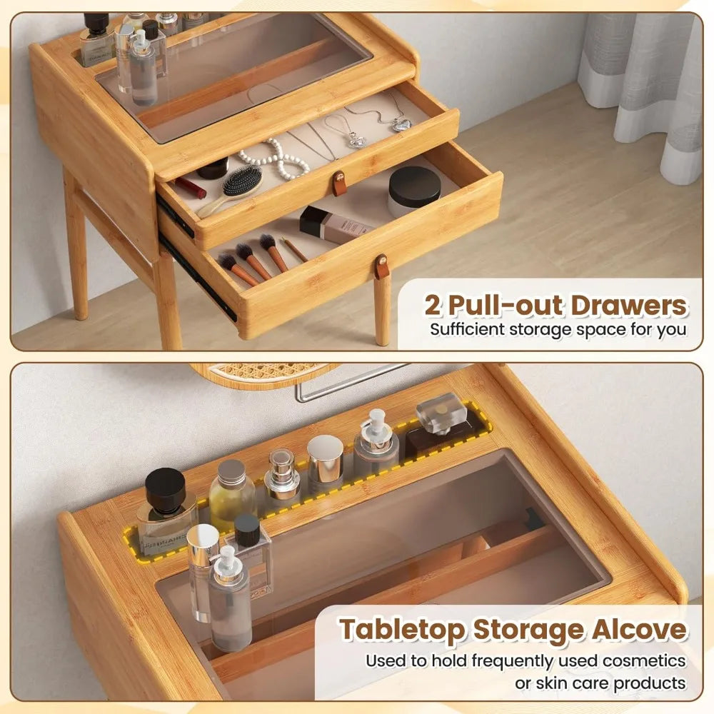 Bamboo Makeup Vanity Table with Stool Rotating Mirror 2 Drawers