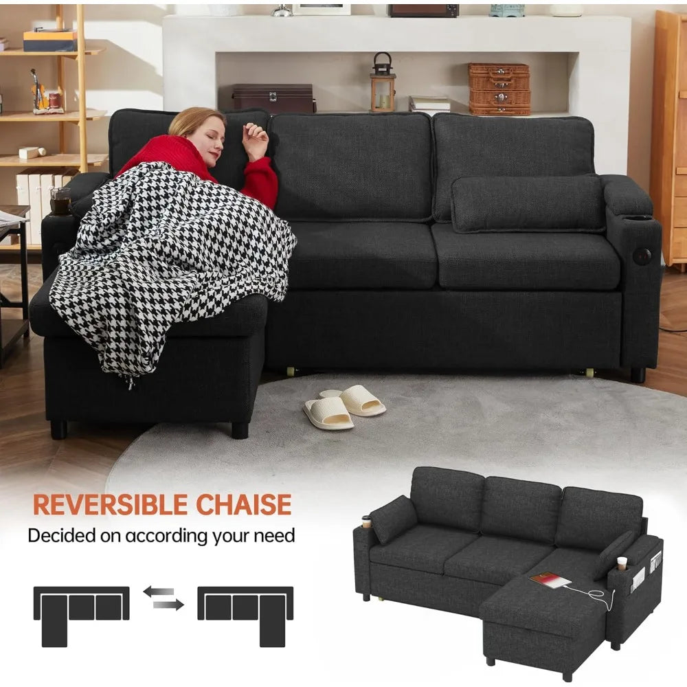 Ljustra Sofa Bed Sleeper Couch with Chaise Storage USB Cup Holder