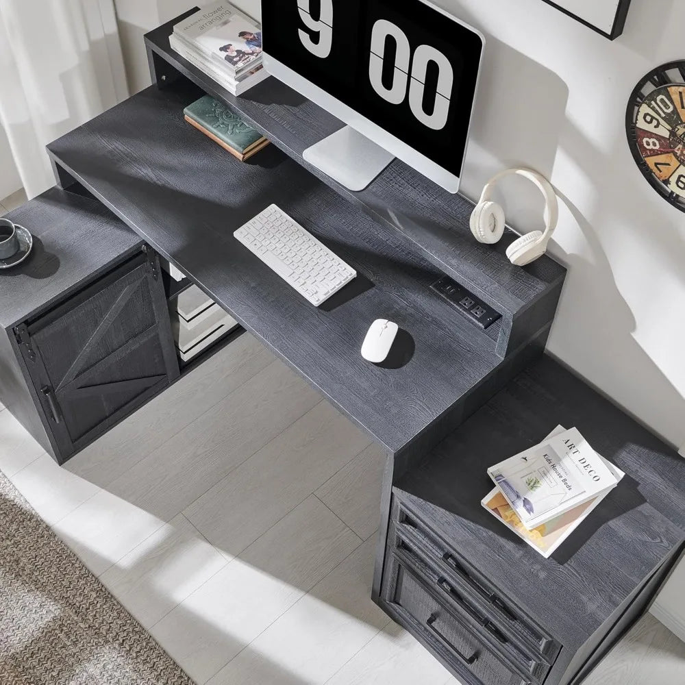 Modern Farmhouse Home Office Desk with File Cabinet 67 Inch