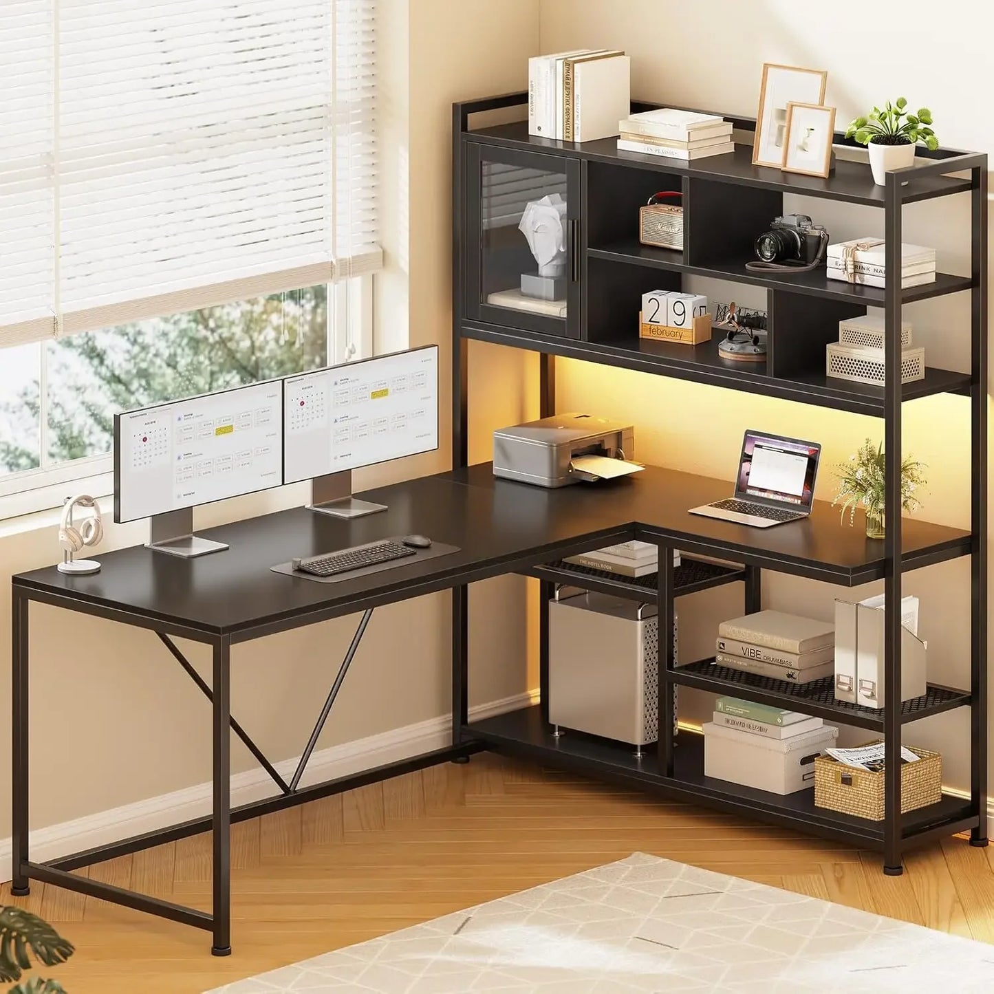 L Shaped Computer Desk with LED Light and Bookshelf for Home Office