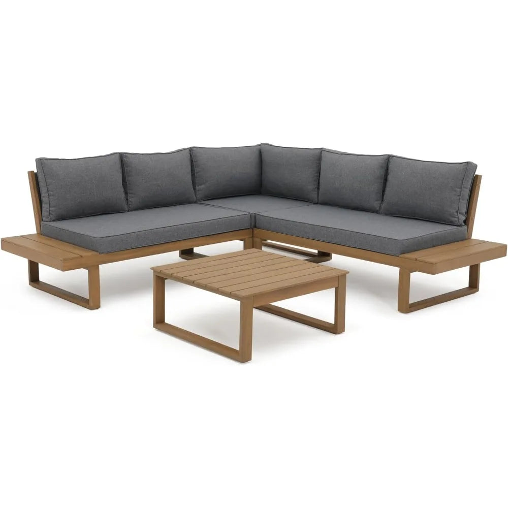 L-Shaped Acacia Wood Patio Sectional Sofa Set with Coffee Table