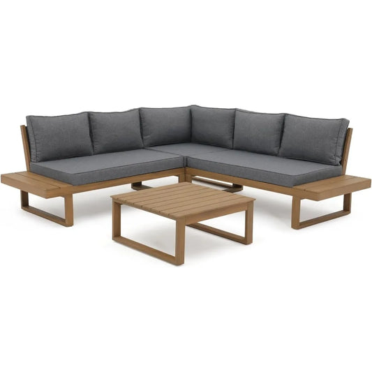 L-Shaped Acacia Wood Patio Sectional Sofa Set with Coffee Table