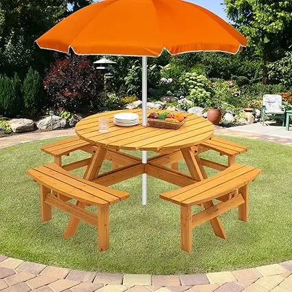 10 Person Solid Wood Outdoor Round Picnic Table and Bench Set