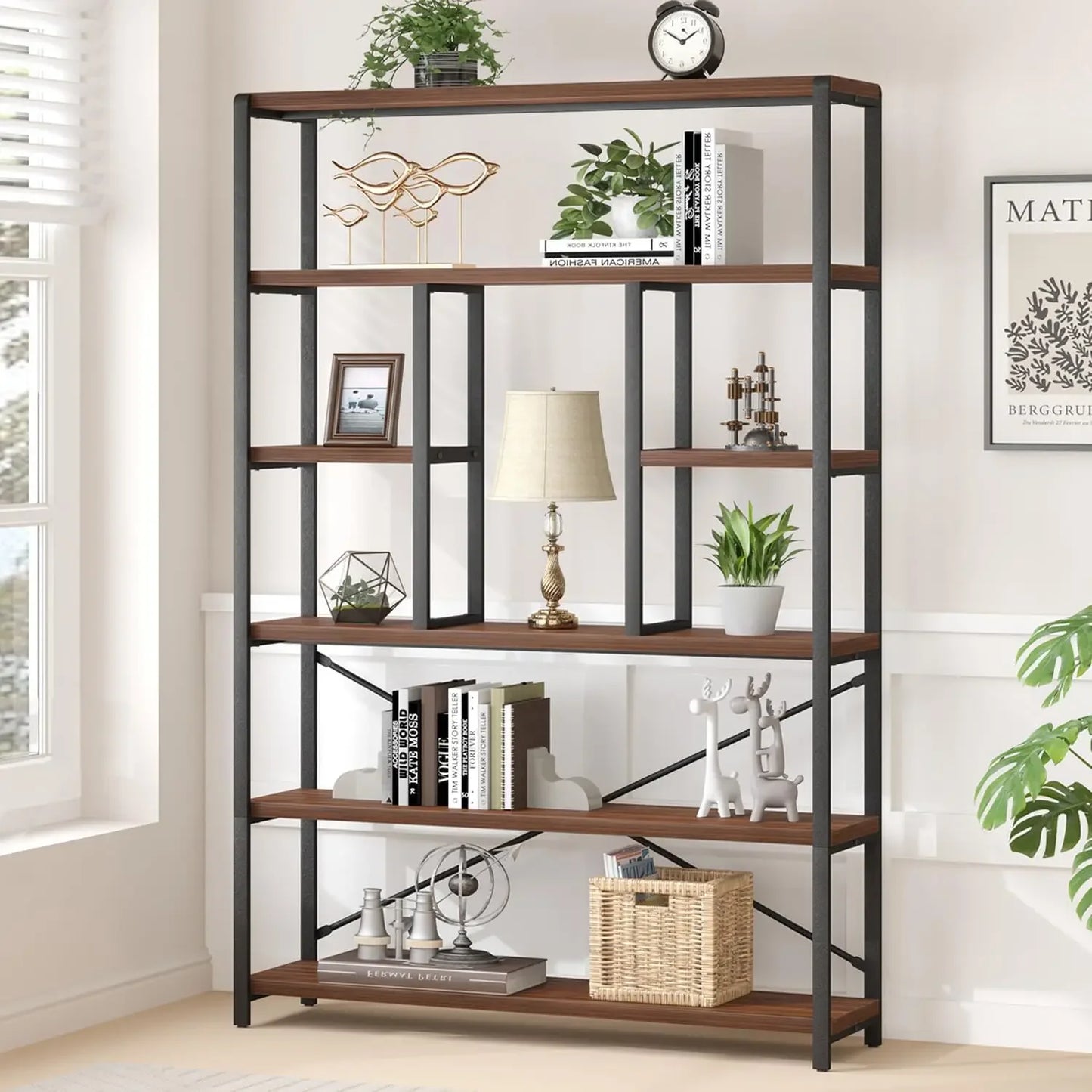Tall Industrial Etagere Bookcase Modern Open 6 Tier Bookshelf Organizer