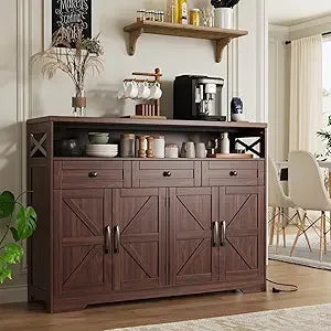 47 Inch Dark Brown Farmhouse Storage Cabinet with Barn Doors and Drawers
