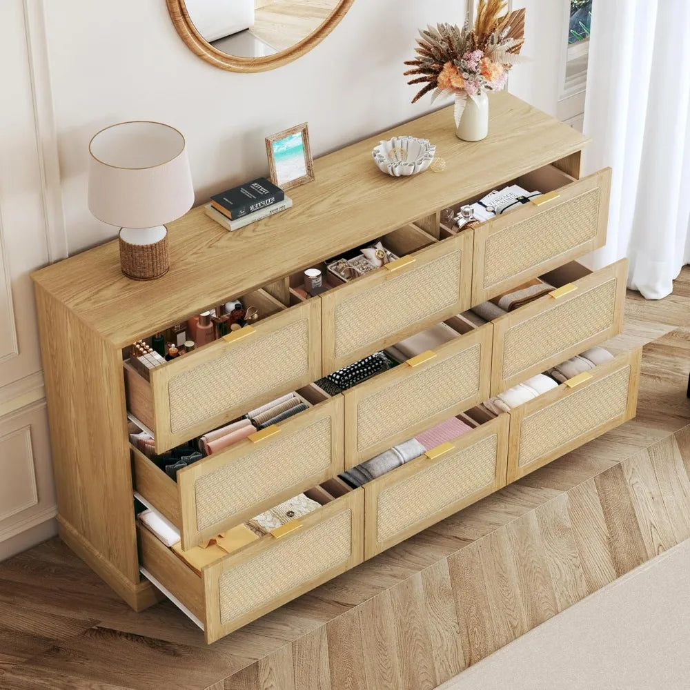 9 Drawer Dresser Rattan Chest of Drawers Large TV Stand Boho Style