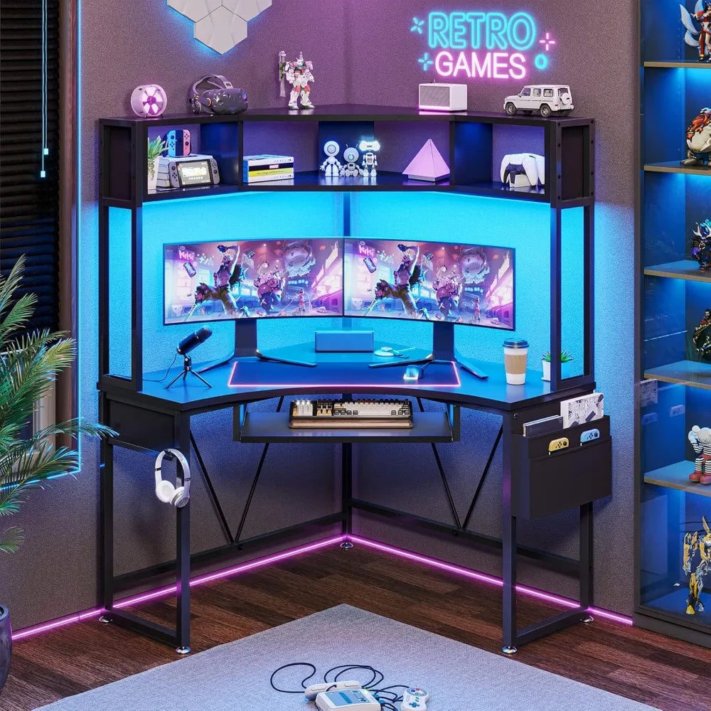 Ljustra Corner Desk with Hutch LED Lights Small Computer Desk Storage