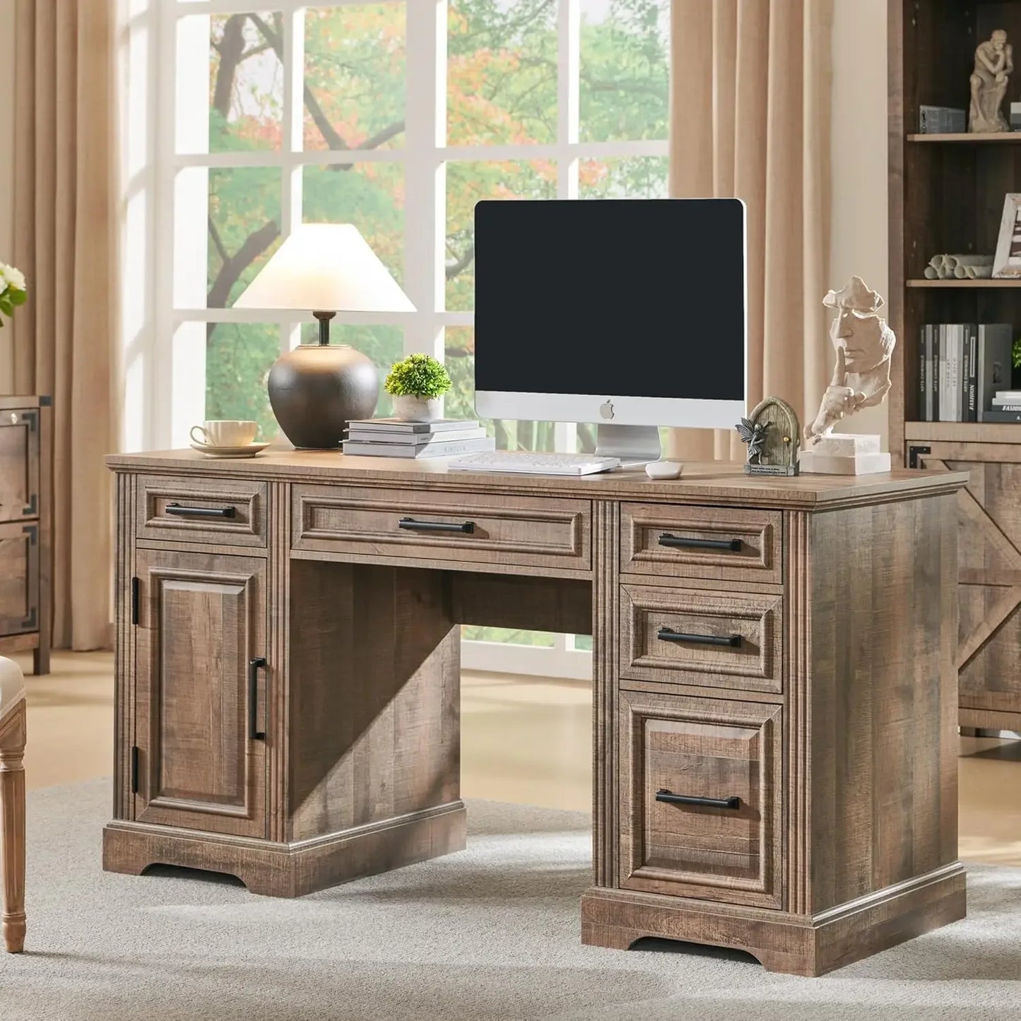 58 Inch Executive Desk Farmhouse Computer Desk with Storage Cabinet