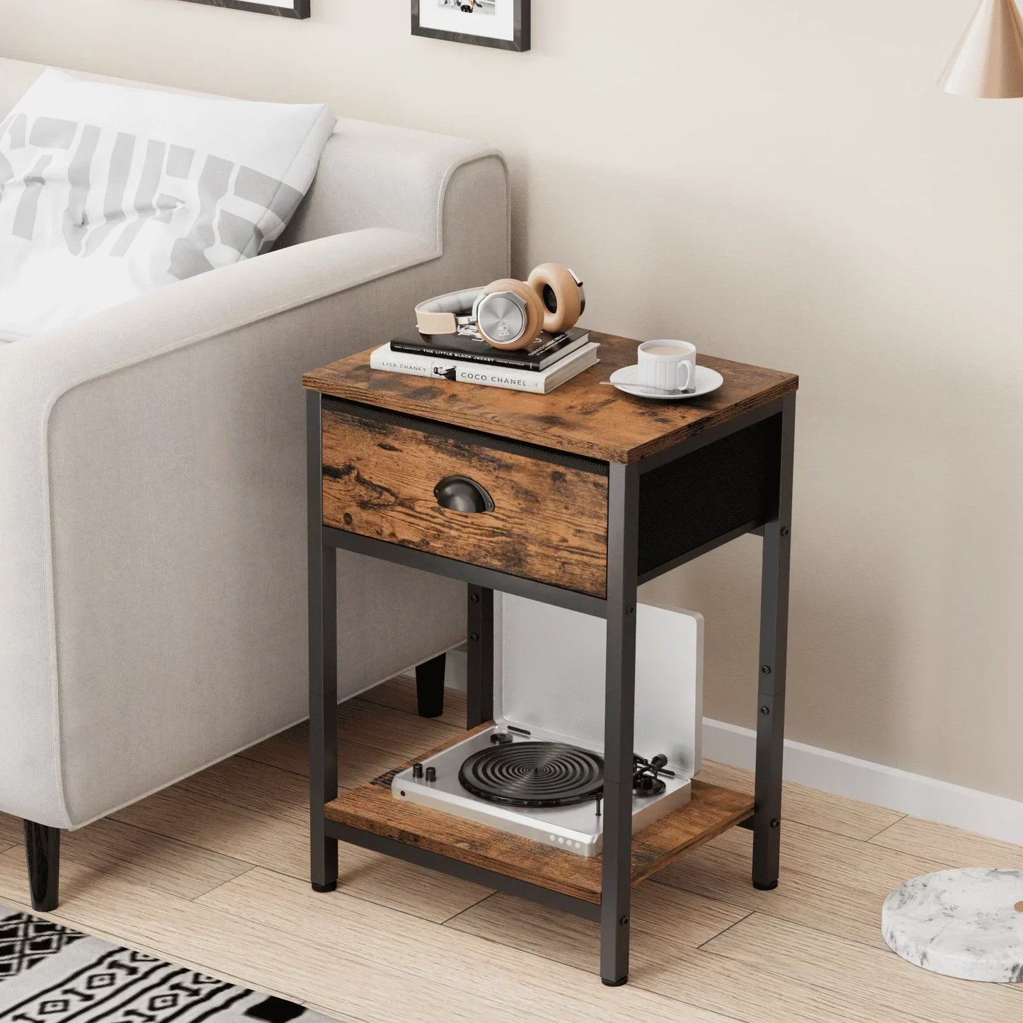 Nightstands Set of 2 Industrial End Table with Drawer and Storage Shelf
