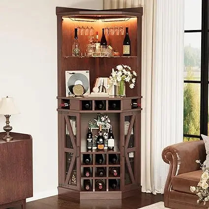 Tall Corner Bar Cabinet with LED Light Tempered Glass Rack Wine Storage