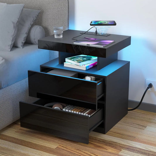 Nightstand with Wireless Charging USB Ports Modern Bedside Table Storage
