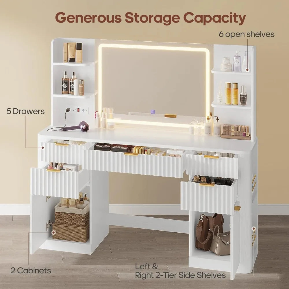 51.2" Fluted Makeup Vanity Desk with Mirror Lights 5 Drawers Shelves