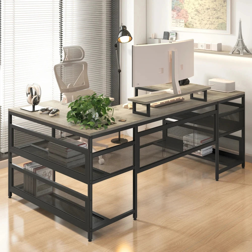 U Shaped Desk with LED Lights Power Outlets Monitor Stand Gaming Office