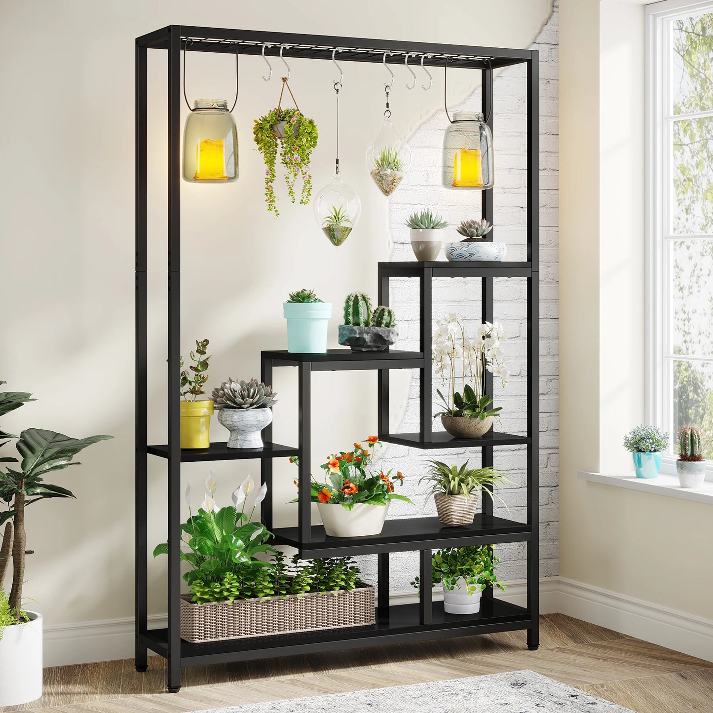 Ljustra 5 Tier Tall Indoor Plant Stand Shelf with Hanging Hooks