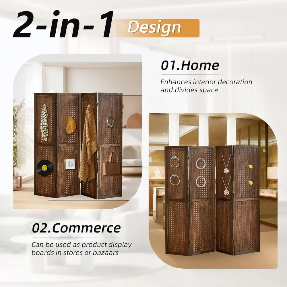4 Panel Room Divider Folding Privacy Screen Pegboard Display Board