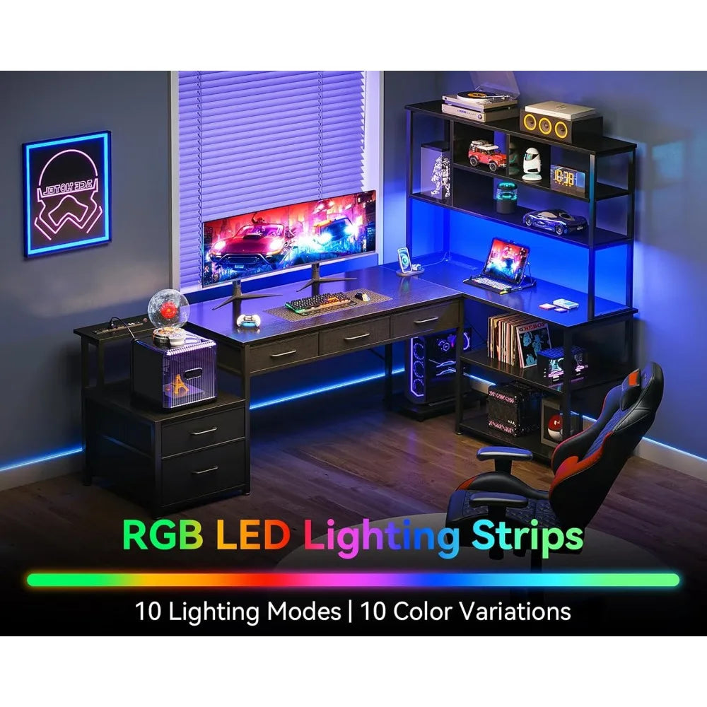 L Shaped Desk with LED Lights and Power Outlets Reversible 79 Inch Gaming