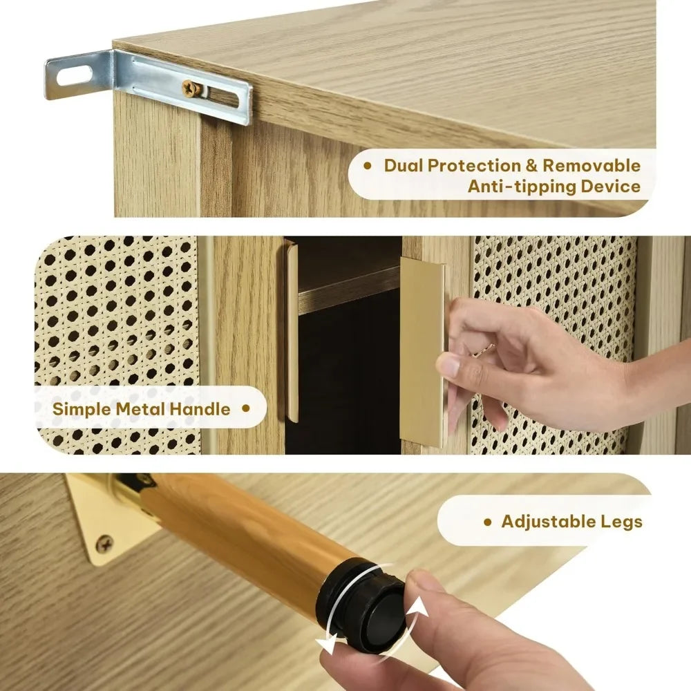 63 Inch Buffet Sideboard Cabinet Storage Rattan 4 Doors Adjustable Shelves