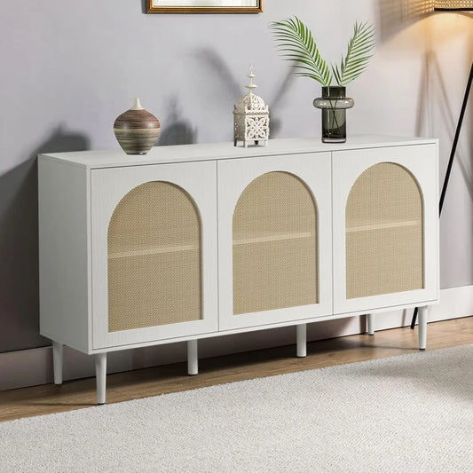 Sideboard Buffet Cabinet with Rattan Doors and Metal Legs for Storage