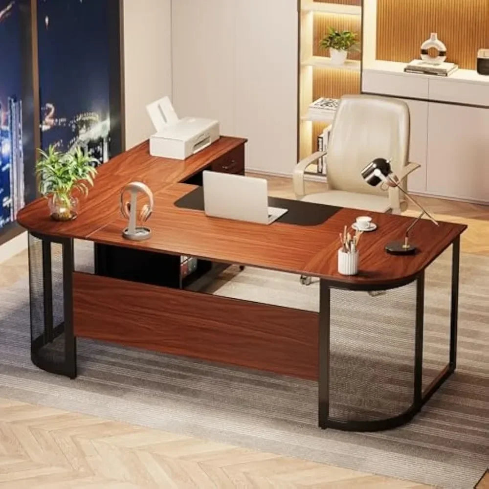 63 Inch L Shaped Executive Desk with File Cabinet Large Computer Desk