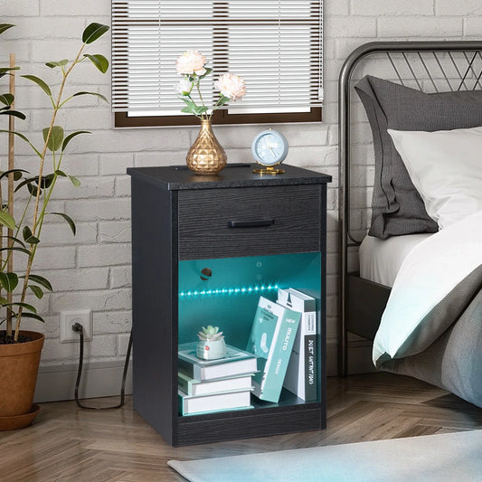 Modern LED Bedside Table with Drawer and USB Charging Black