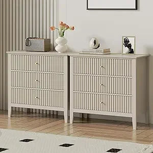 Green Fluted 3 Drawer Dresser Modern Wood Chest of Drawers Nightstand