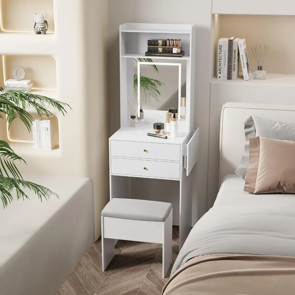 Small Vanity Desk Set with Lighted Mirror Storage Chair for Makeup