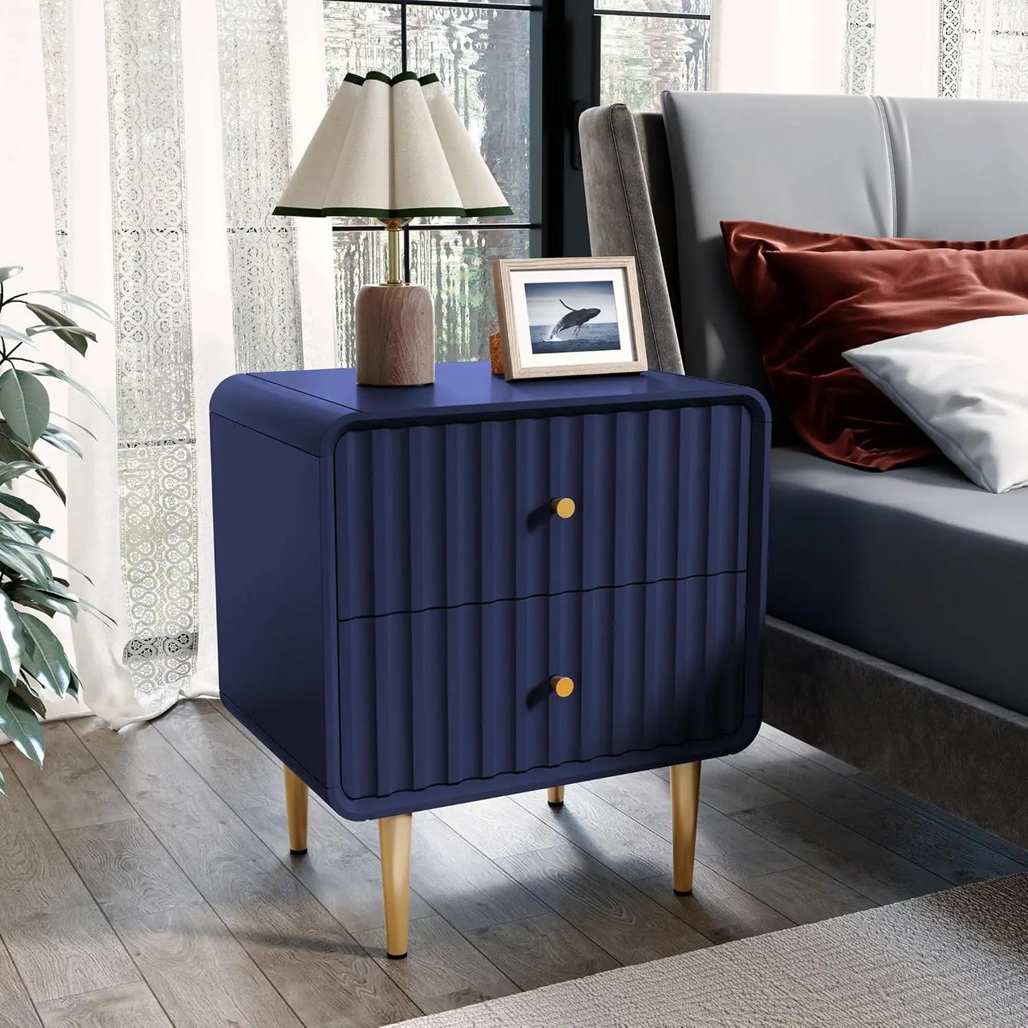 Modern Nightstand Set of 2 Fluted Bed Side Table with Drawers