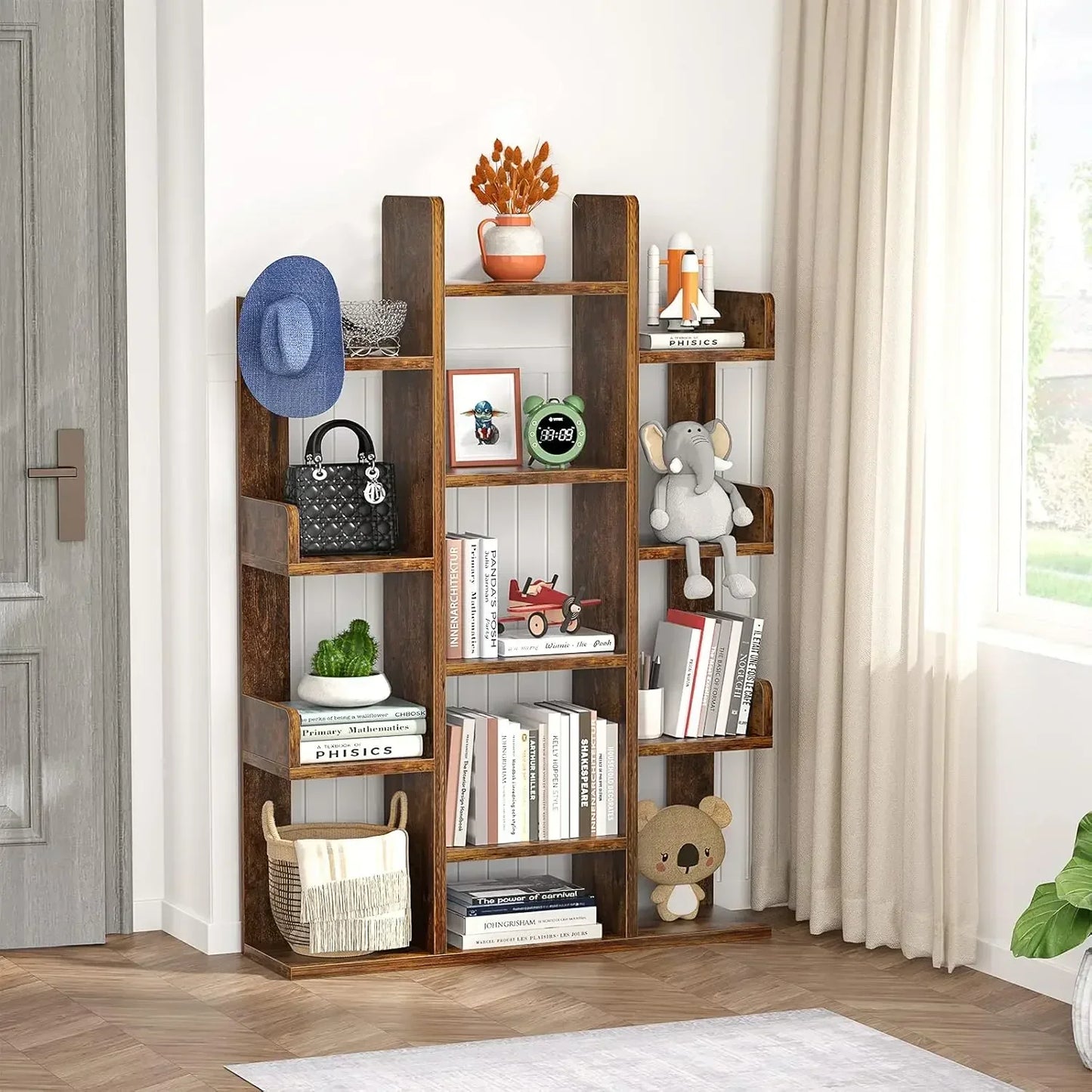 Tree-Shaped Bookshelf 13 Compartments Wooden Bookcase Storage Shelf