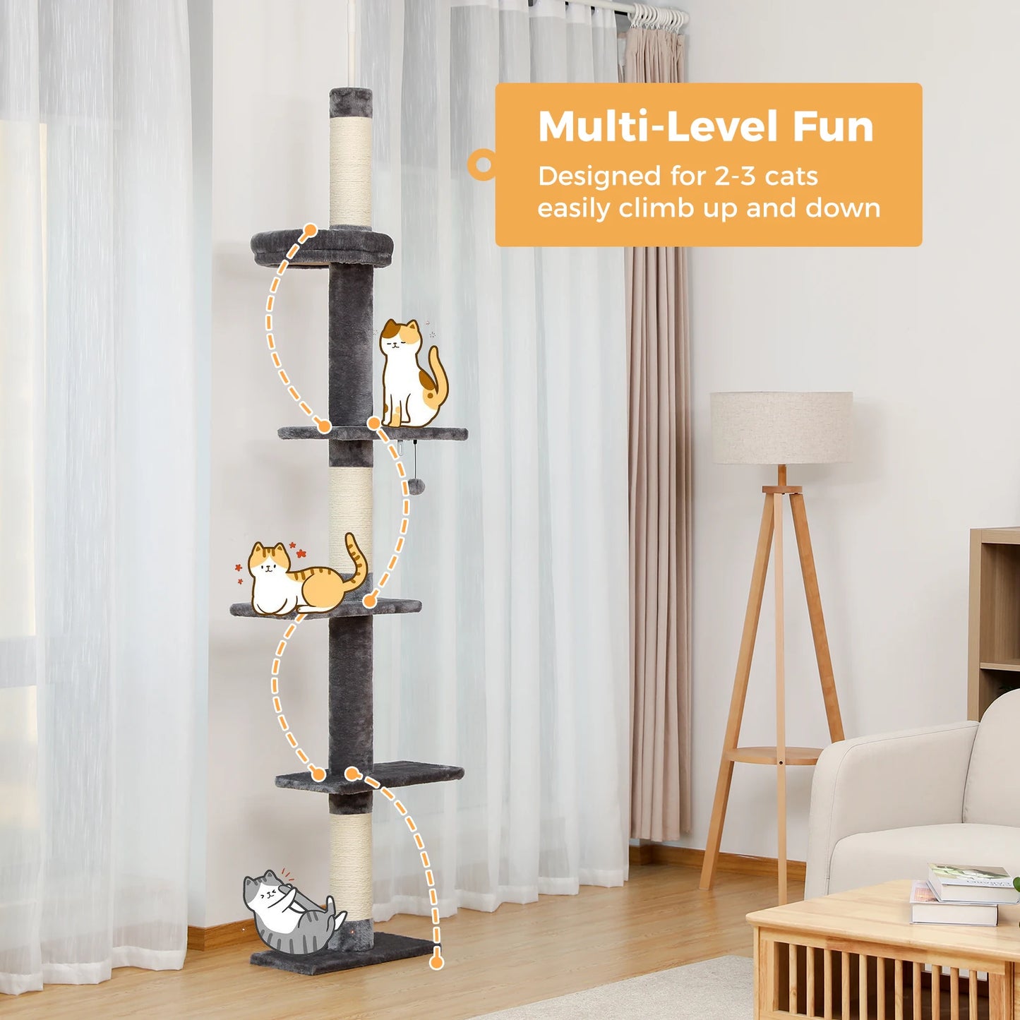 Adjustable Height Cat Tree Indoor Floor to Ceiling Tower Scratching Post
