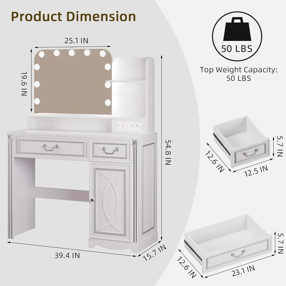 Ljustra Vanity Desk with Mirror and Lights 39 Inch Makeup Vanity Charging Station