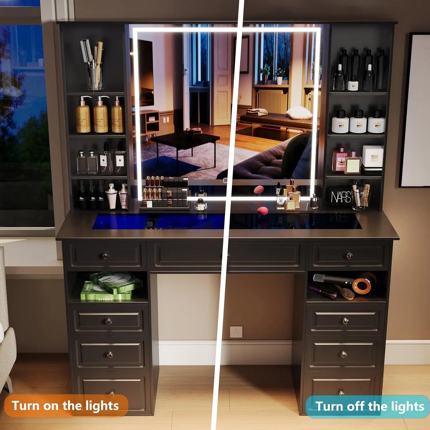 Vanity Table with Mirror and Light Storage Dresser with 9 Drawers