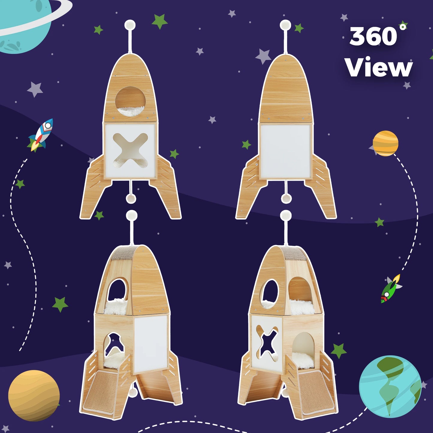 Modern Cat Tree Rocket Shape Wooden Indoor Cat Tower with Playhouse