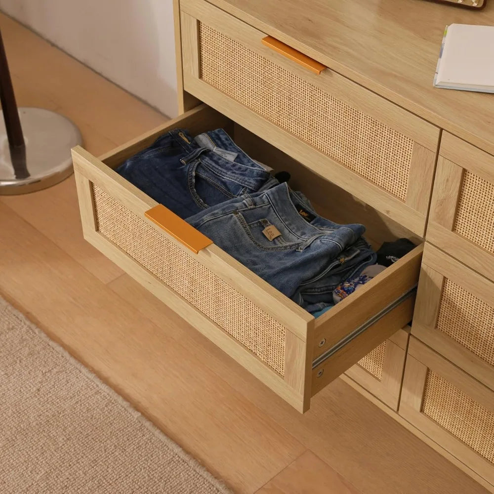 Rattan Dresser Bedroom Storage 6 Drawer Modern Chest with Gold Handles